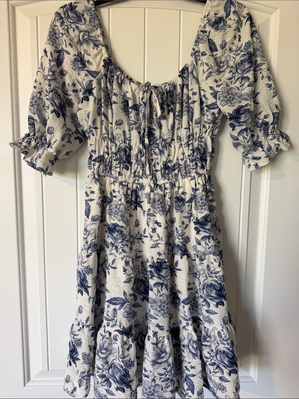 Blue Floral Mini Dress with Smocked Waist